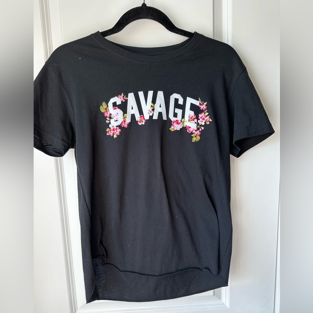 🌸 Modern Lux “Savage” Floral Graphic Tee Black Short Sleeve T-Shirt Size M
